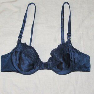Vtg 80s Maidenform Sweet Nothings Front Close Shiny Blue Satin & Lace Bra 36A